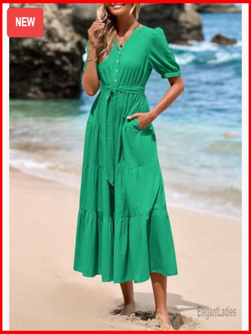 Short Sleeve V Neck Ruffle A Line Midi Dress with Belt - Picture 4 of 7